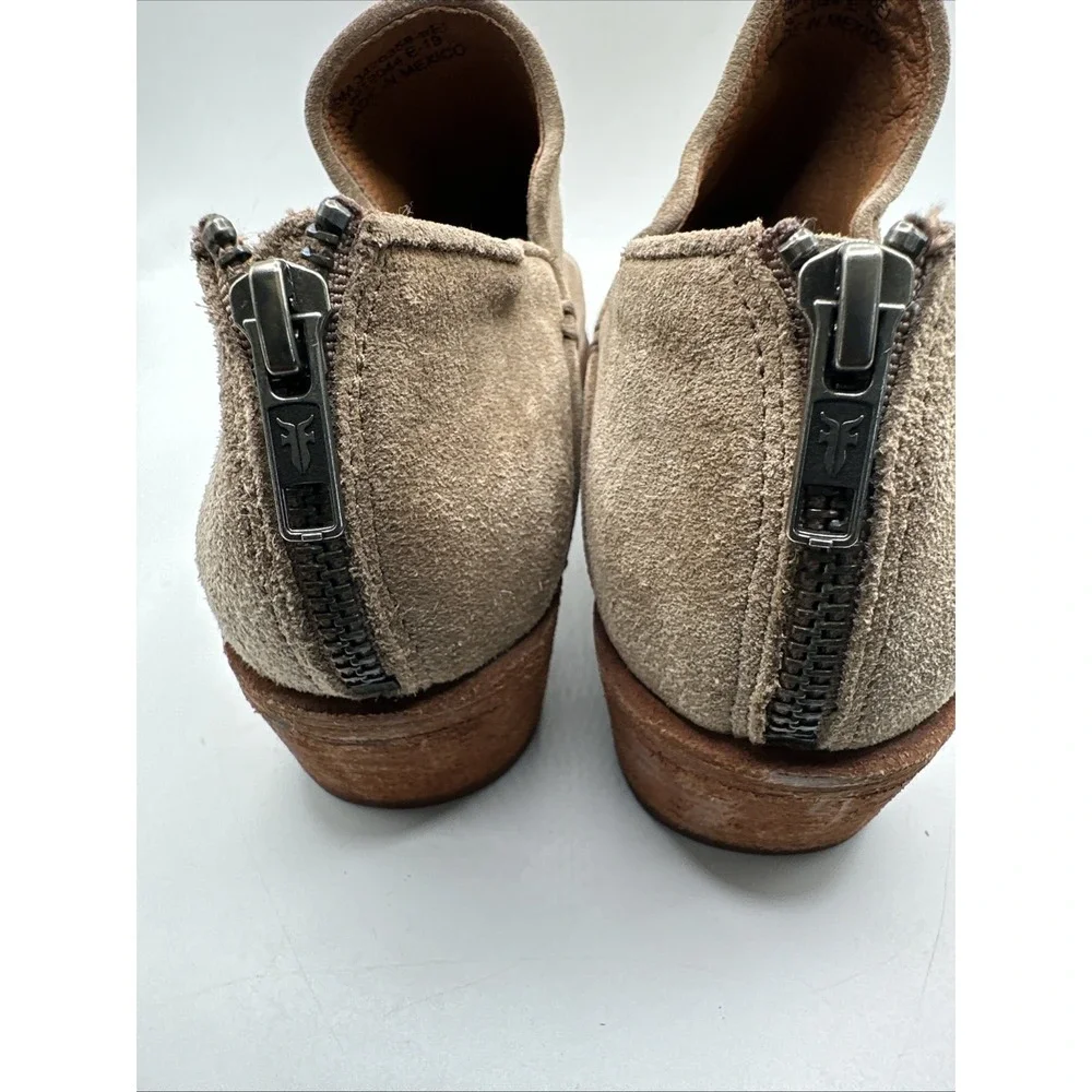 Frye Carson Taupe Suede Leather Zip Block Heel Shootie Ankle Boots Size 9